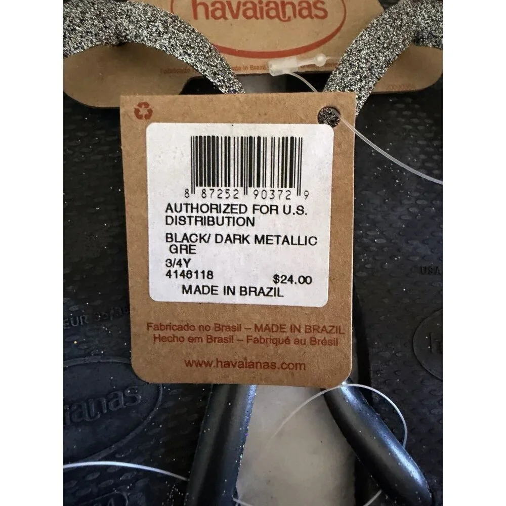 Havaianas Girl’s Black Gray Metallic Glitter NWT Flip Flops Sandals Size 3/4Y